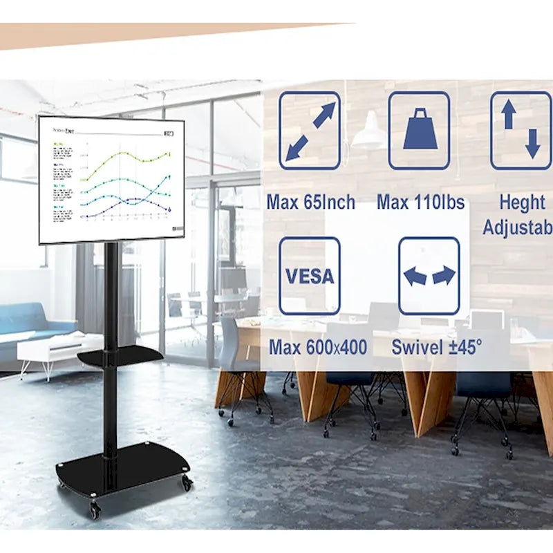 Supporto TV Girevole con Struttura in Metallo Nero e Ruote Bloccabili, 32-65", Assemblaggio da 1-2 Persone