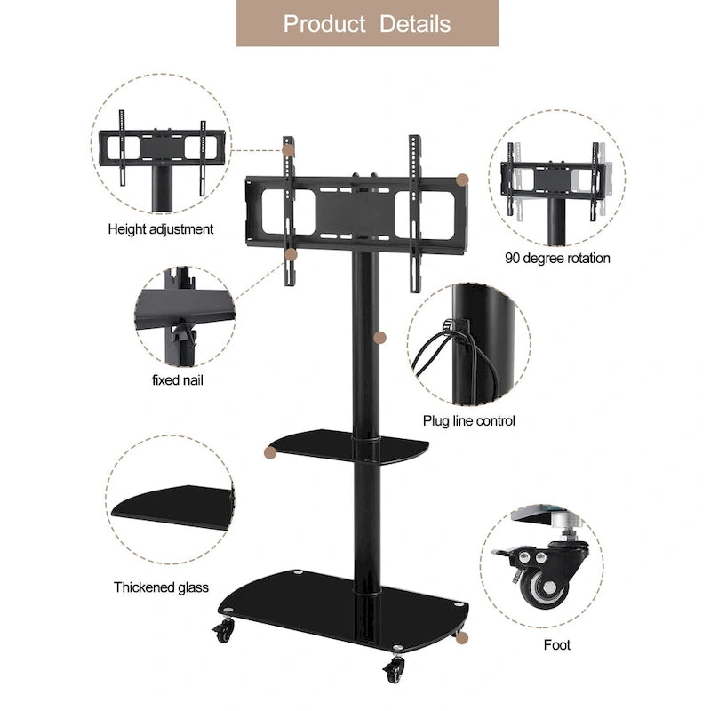 Supporto TV Girevole con Struttura in Metallo Nero e Ruote Bloccabili, 32-65", Assemblaggio da 1-2 Persone