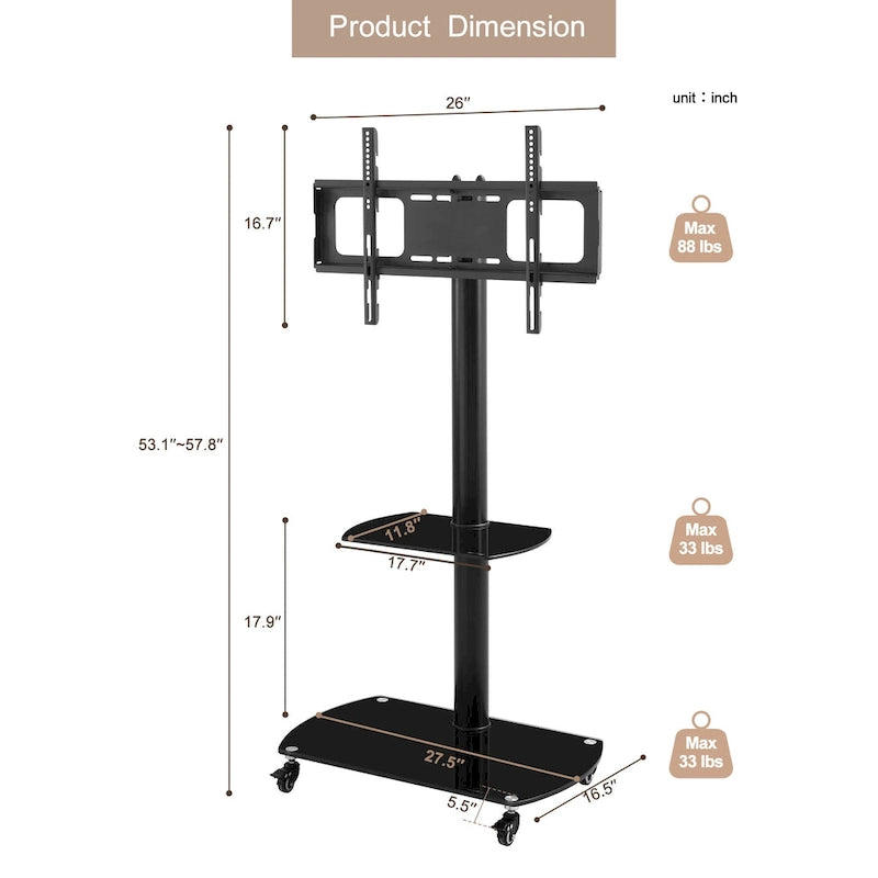 Supporto TV Girevole con Struttura in Metallo Nero e Ruote Bloccabili, 32-65", Assemblaggio da 1-2 Persone