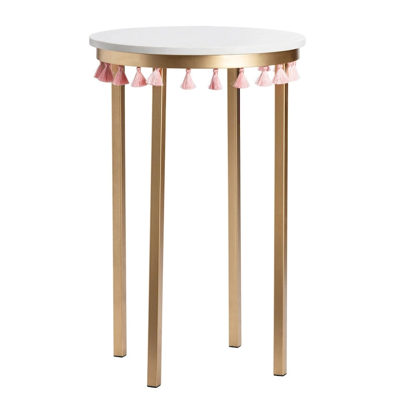 Tavolino d'appoggio con ripiano in marmo multicolore e nappine rosa, singolo