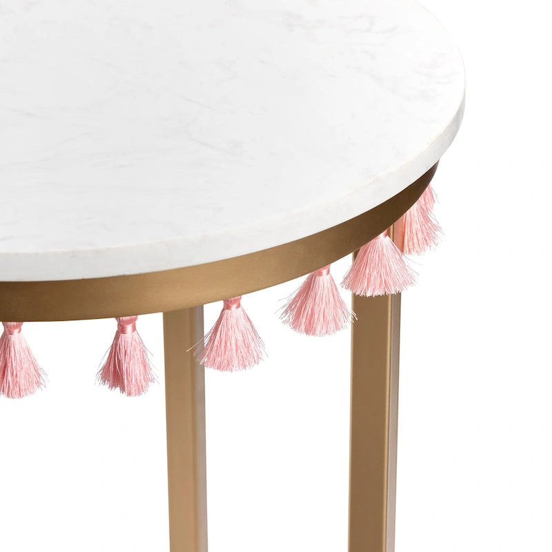 Tavolino d'appoggio con ripiano in marmo multicolore e nappine rosa, singolo