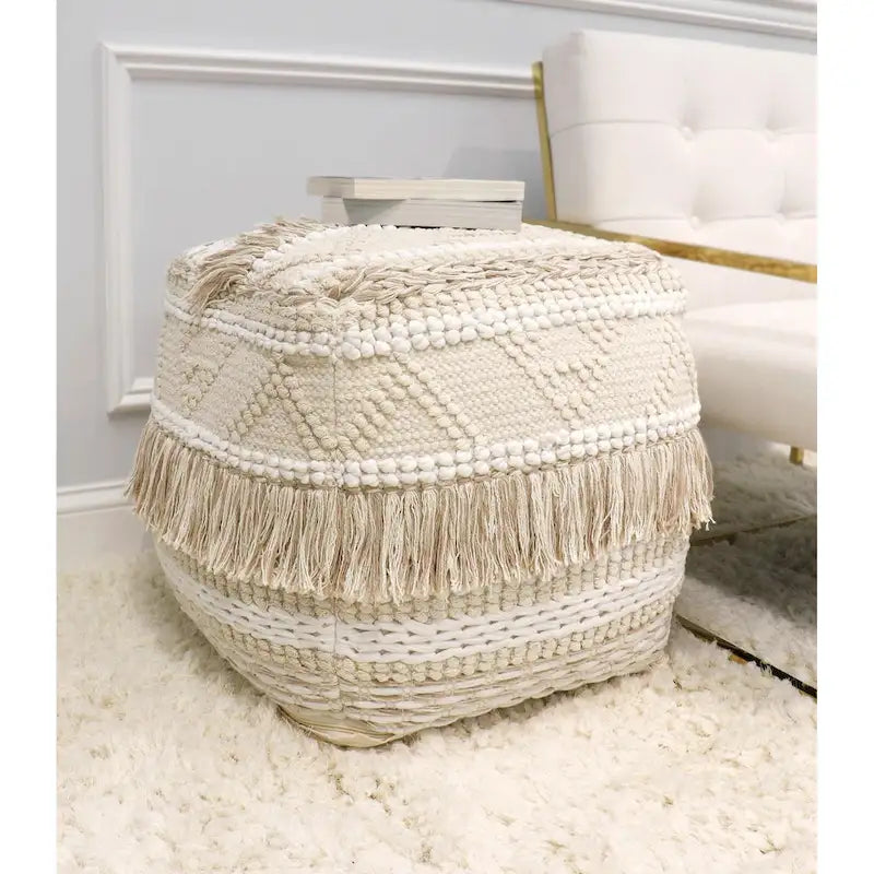 Pouf quadrato beige in cotone intrecciato a mano, 1 posto