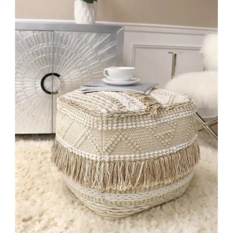 Pouf quadrato beige in cotone intrecciato a mano, 1 posto