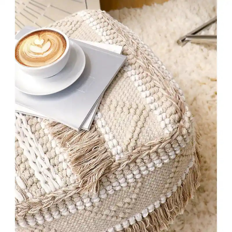 Pouf quadrato beige in cotone intrecciato a mano, 1 posto