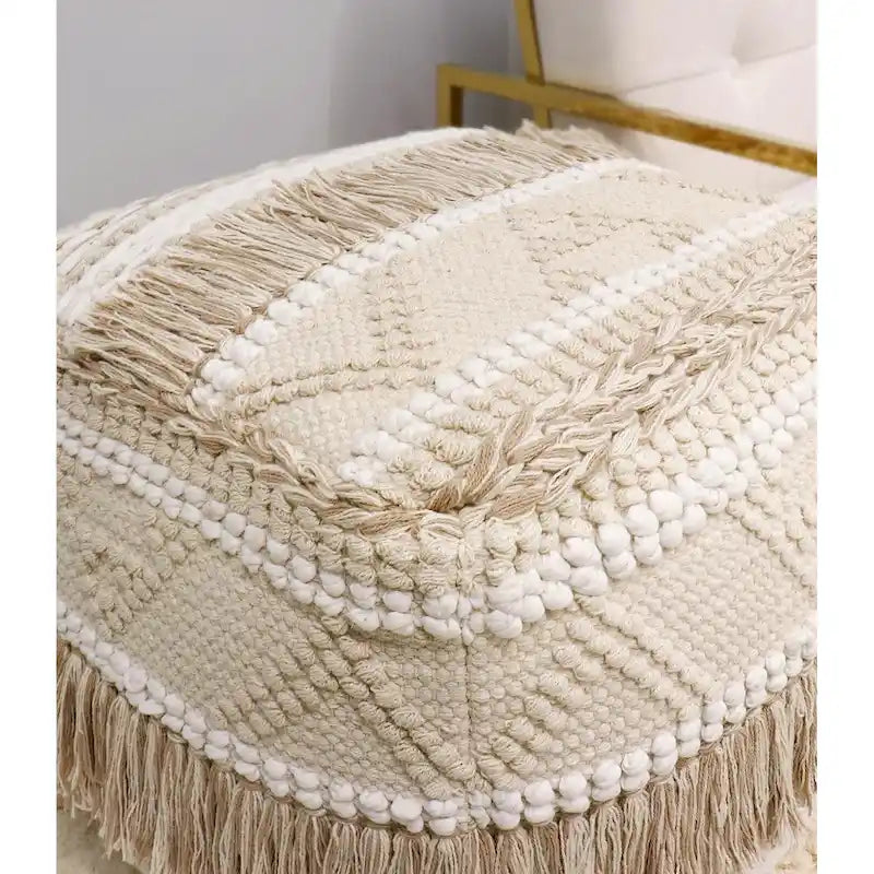 Pouf quadrato beige in cotone intrecciato a mano, 1 posto