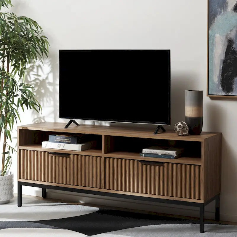 Mobile TV con 2 cassetti e 2 ripiani, finitura scanalata – Adatto per TV fino a 65"