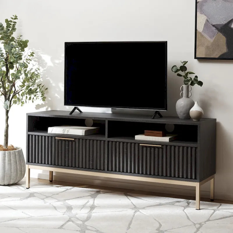 Mobile TV con 2 cassetti e 2 ripiani, finitura scanalata – Adatto per TV fino a 65"
