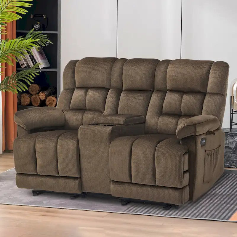 Divanetto Reclinabile Elettrico Bicolore Marrone/Grigio/Blu con Console e Vibrazione, 2 Posti