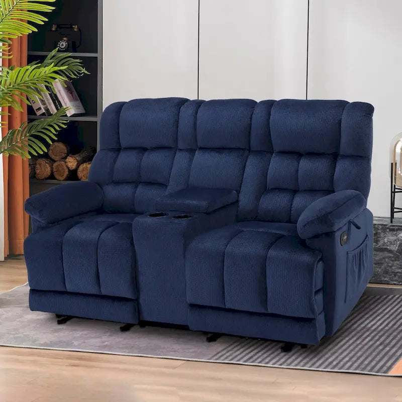 Divanetto Reclinabile Elettrico Bicolore Marrone/Grigio/Blu con Console e Vibrazione, 2 Posti