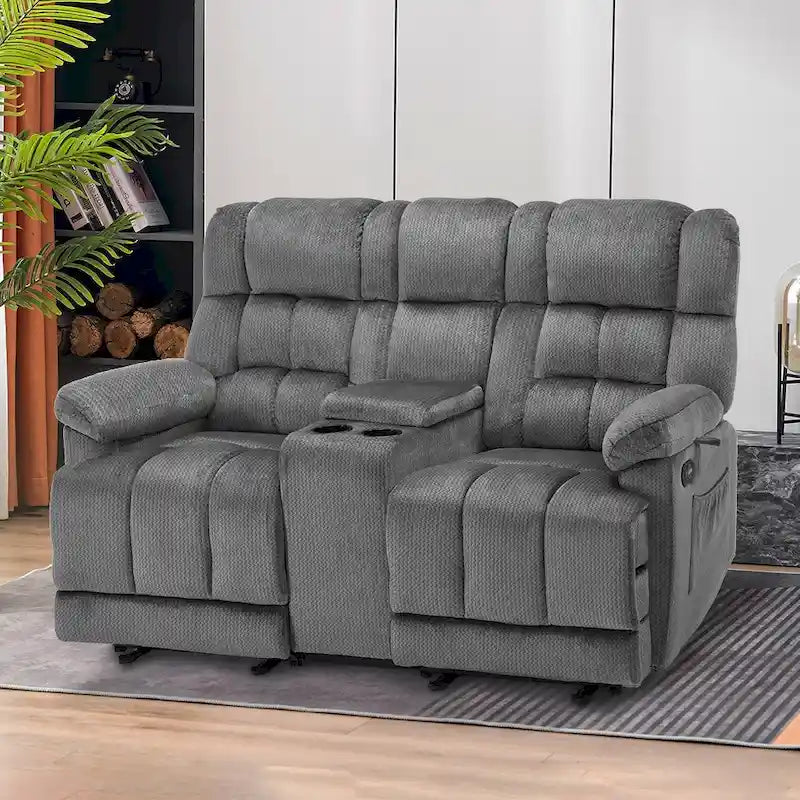 Divanetto Reclinabile Elettrico Bicolore Marrone/Grigio/Blu con Console e Vibrazione, 2 Posti