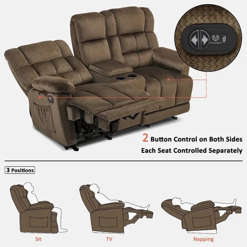 Divanetto Reclinabile Elettrico Bicolore Marrone/Grigio/Blu con Console e Vibrazione, 2 Posti