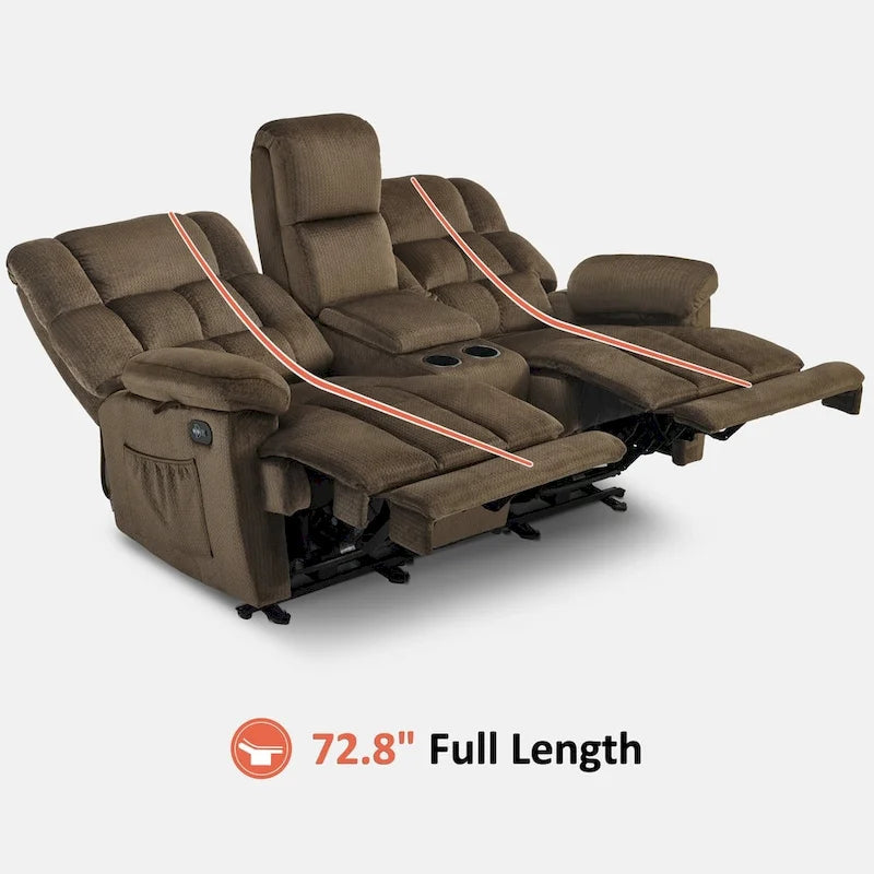 Divanetto Reclinabile Elettrico Bicolore Marrone/Grigio/Blu con Console e Vibrazione, 2 Posti