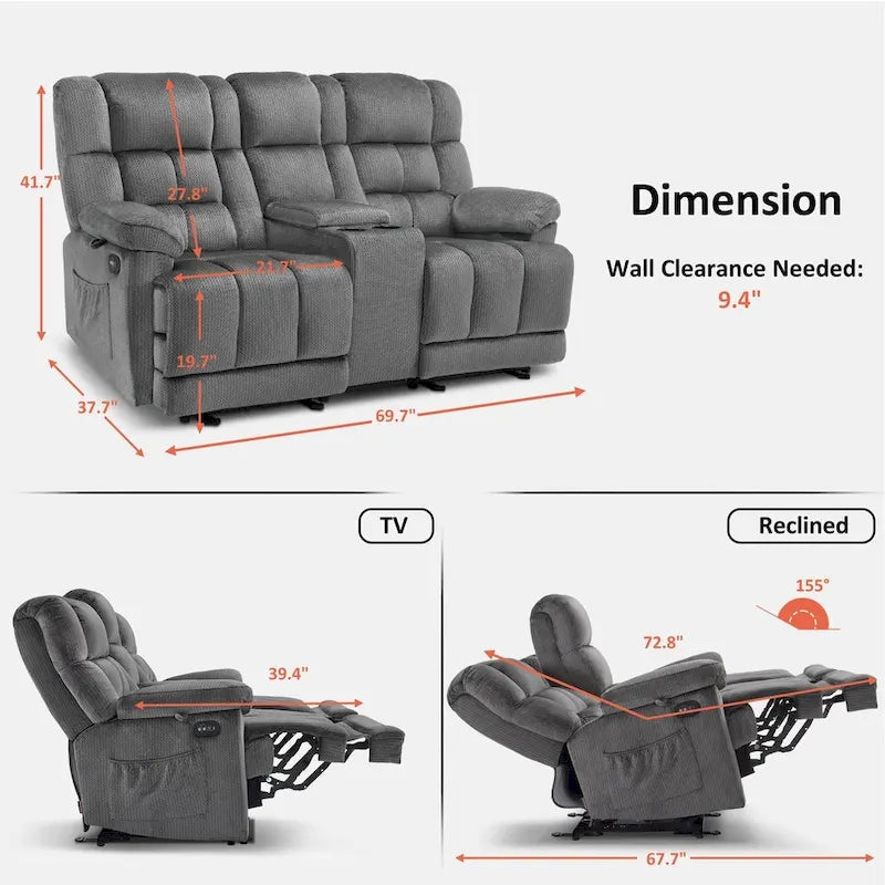 Divanetto Reclinabile Elettrico Bicolore Marrone/Grigio/Blu con Console e Vibrazione, 2 Posti