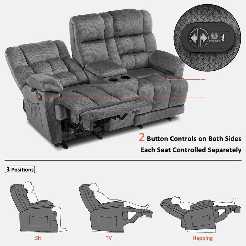 Divanetto Reclinabile Elettrico Bicolore Marrone/Grigio/Blu con Console e Vibrazione, 2 Posti