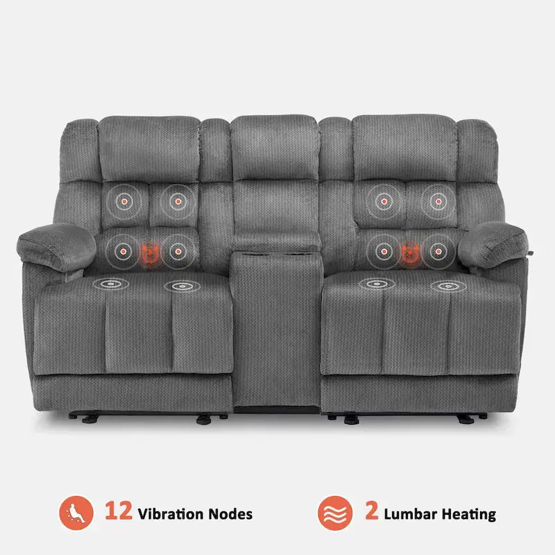 Divanetto Reclinabile Elettrico Bicolore Marrone/Grigio/Blu con Console e Vibrazione, 2 Posti