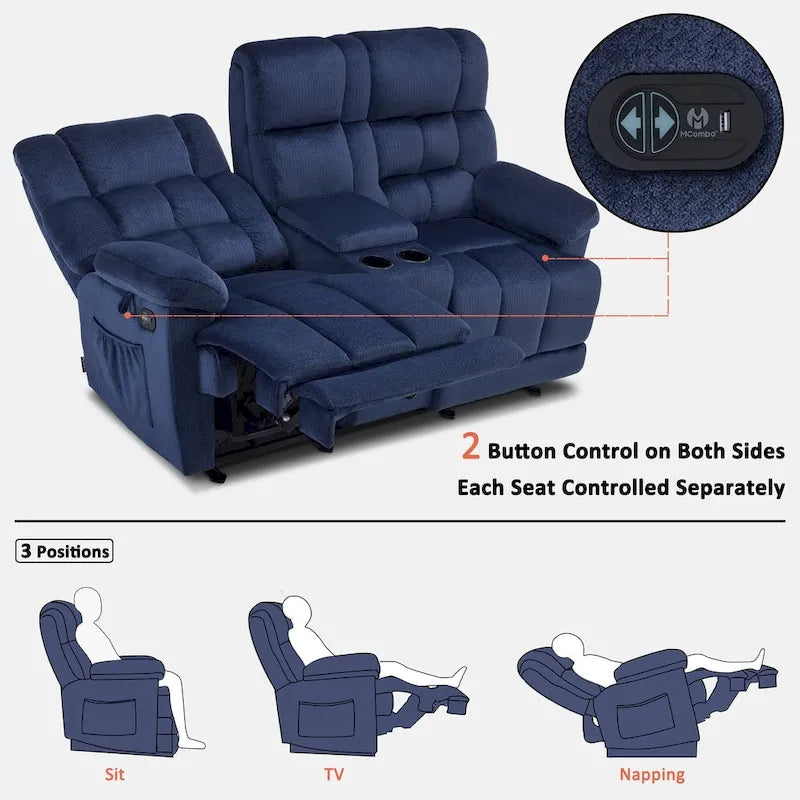 Divanetto Reclinabile Elettrico Bicolore Marrone/Grigio/Blu con Console e Vibrazione, 2 Posti