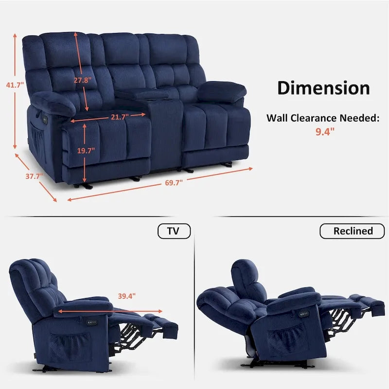 Divanetto Reclinabile Elettrico Bicolore Marrone/Grigio/Blu con Console e Vibrazione, 2 Posti