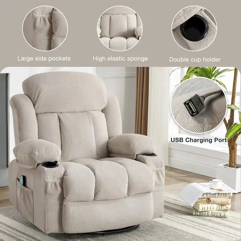 Poltrona reclinabile singola manuale beige/marrone/grigia con girello a 360°