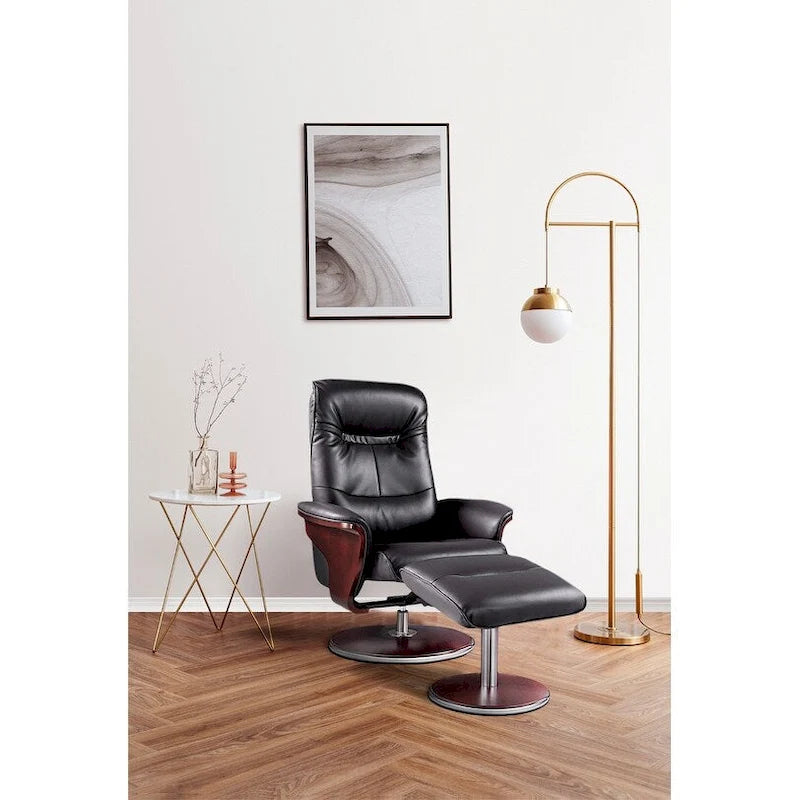 Poltrona reclinabile girevole con pouf in pelle rigenerata nera, monoposto