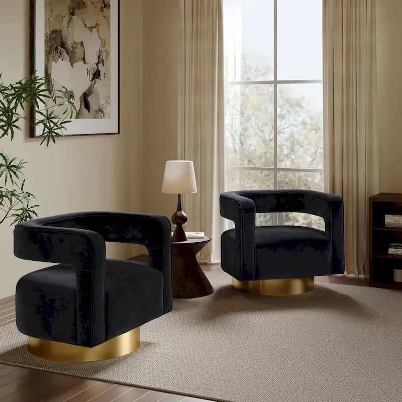 Poltrona club monoposto in velluto nero con schienale aperto e base dorata