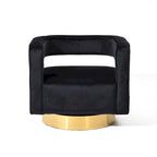 Poltrona club monoposto in velluto nero con schienale aperto e base dorata
