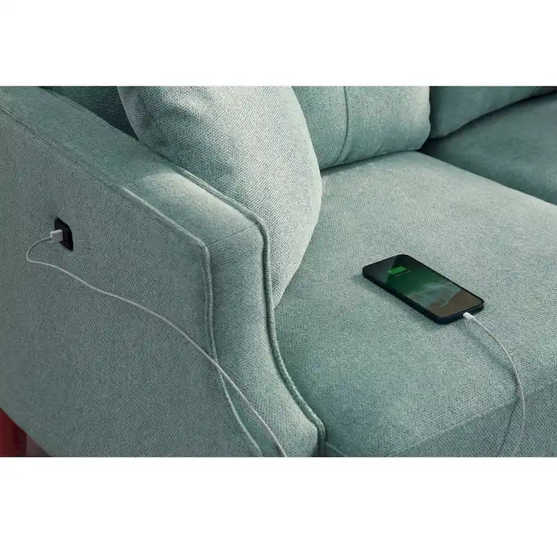 Divanetto a 2 posti in tessuto blu scuro/crema/azzurro con porta USB