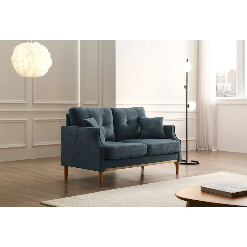 Divanetto a 2 posti in tessuto blu scuro/crema/azzurro con porta USB