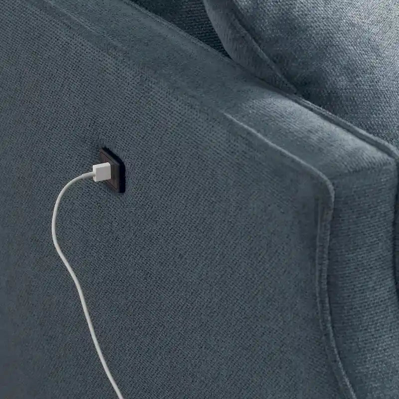 Divanetto a 2 posti in tessuto blu scuro/crema/azzurro con porta USB