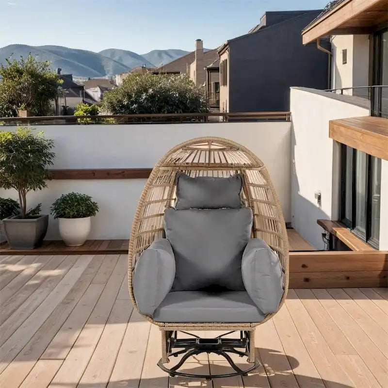 Poltrona a uovo girevole a dondolo in rattan grigio naturale/beige – 1 persona