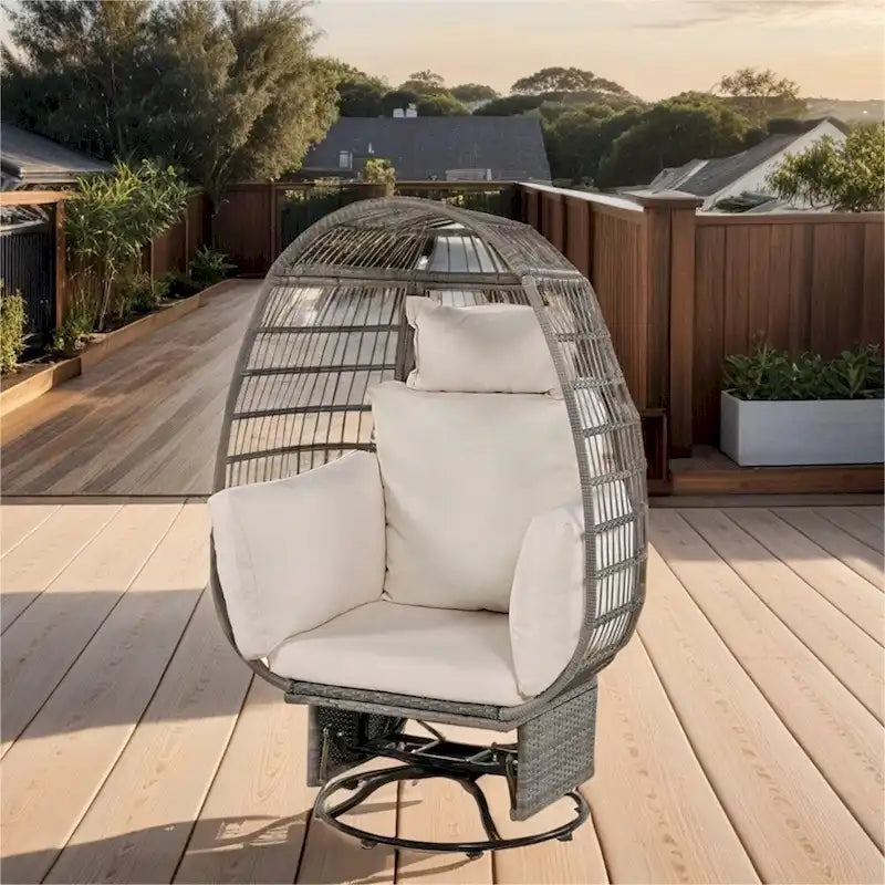 Poltrona a uovo girevole a dondolo in rattan grigio naturale/beige – 1 persona