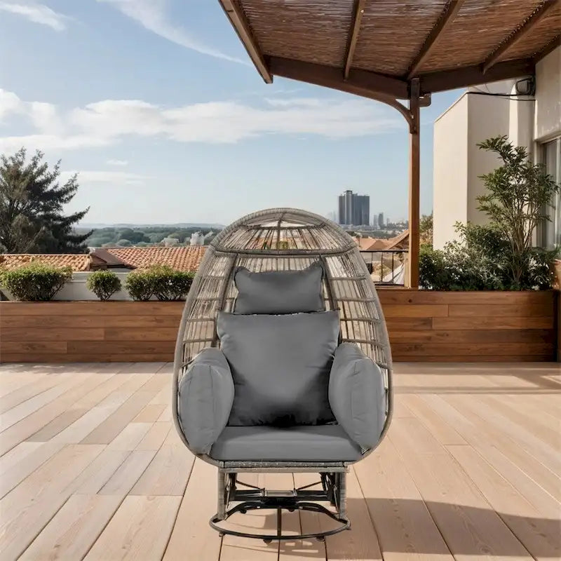 Poltrona a uovo girevole a dondolo in rattan grigio naturale/beige – 1 persona