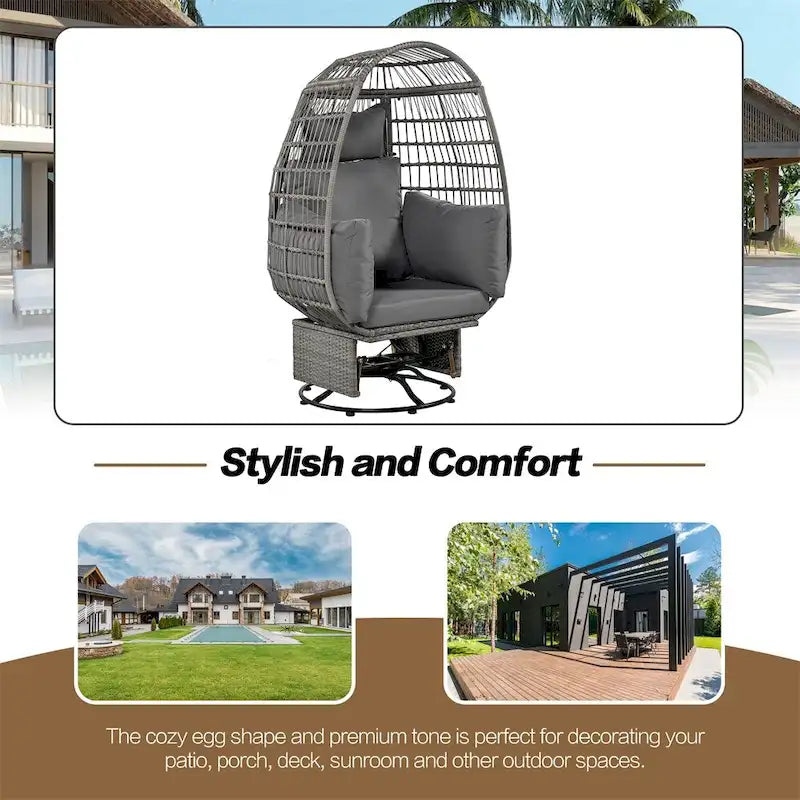Poltrona a uovo girevole a dondolo in rattan grigio naturale/beige – 1 persona