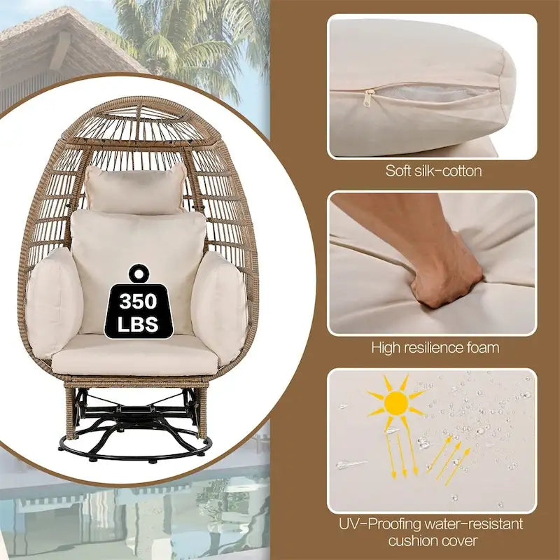 Poltrona a uovo girevole a dondolo in rattan grigio naturale/beige – 1 persona
