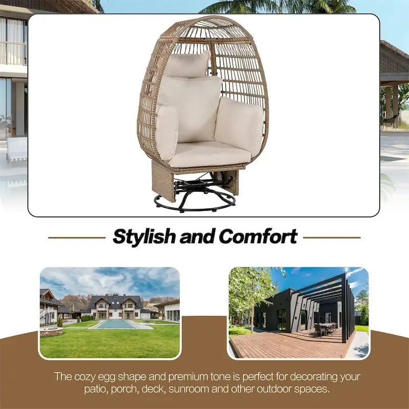 Poltrona a uovo girevole a dondolo in rattan grigio naturale/beige – 1 persona