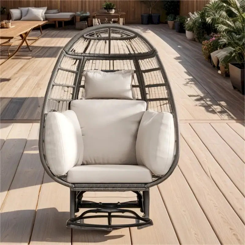 Poltrona a uovo girevole a dondolo in rattan grigio naturale/beige – 1 persona