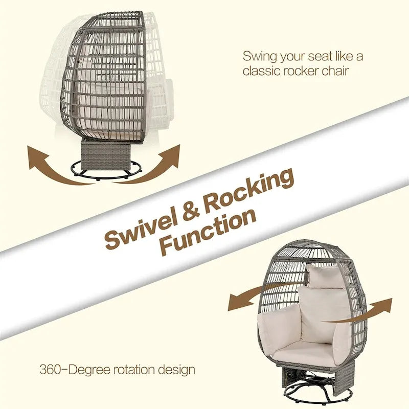 Poltrona a uovo girevole a dondolo in rattan grigio naturale/beige – 1 persona
