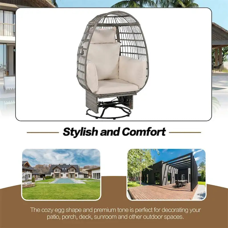 Poltrona a uovo girevole a dondolo in rattan grigio naturale/beige – 1 persona