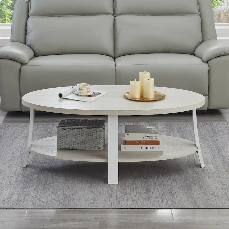 Tavolino ovale bianco con ripiano inferiore, stile contemporaneo