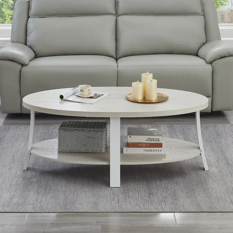 Tavolino ovale bianco con ripiano inferiore, stile contemporaneo